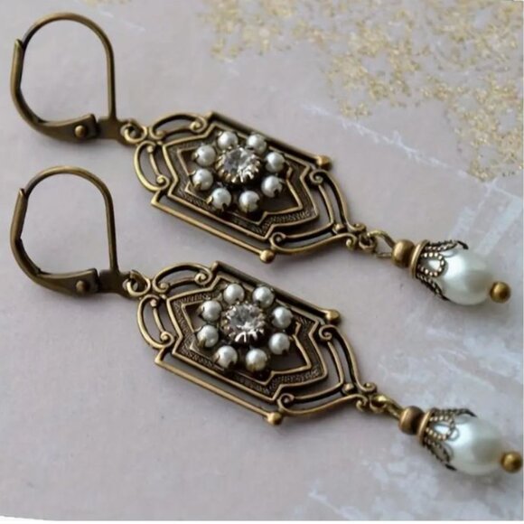 NEW Arlette Victorian Edwardian Antique Gold and Seed Pearl Drop Earrings - Picture 2 of 4